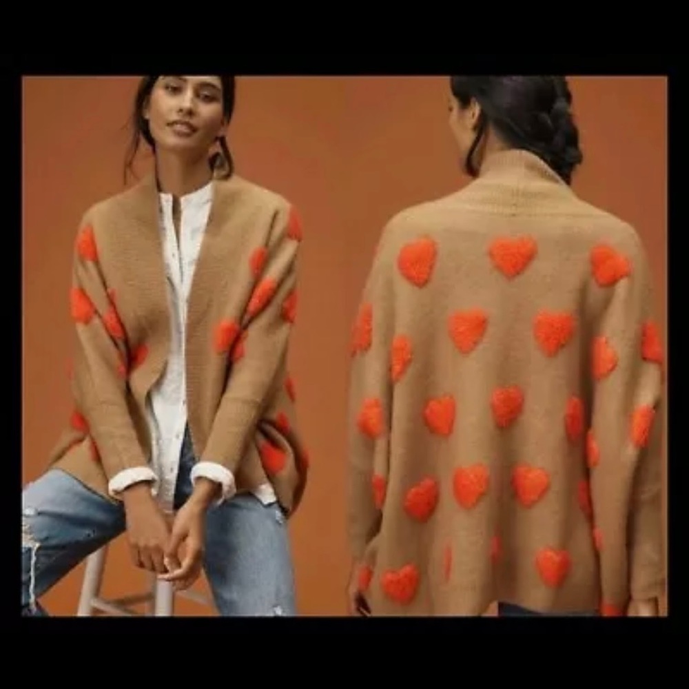 NWT Anthropologie Boucle Heart Knit Kimono Sweater Cardigan Camel OS